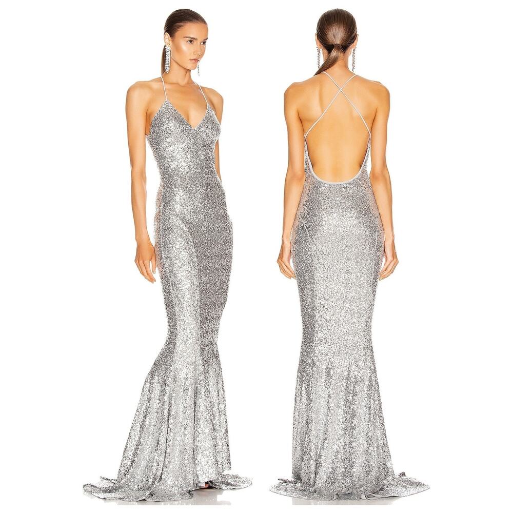 Norma Kamali Sequin Mermaid Fishtail Gown Party Prom Formal Wedding Guest NYE M
